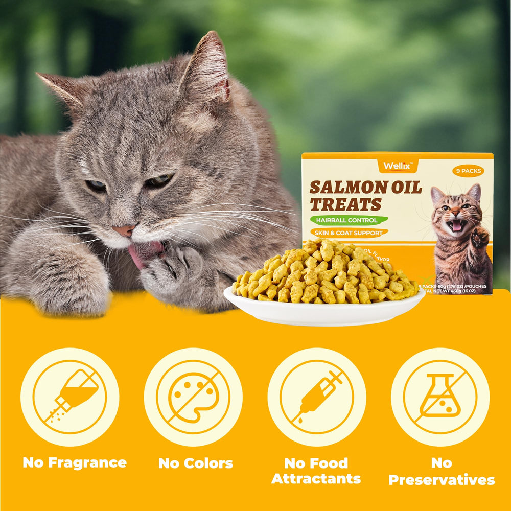 Wellix cat treats skin-coat-superfood captures salmon oil and vitamin E for coat shine.