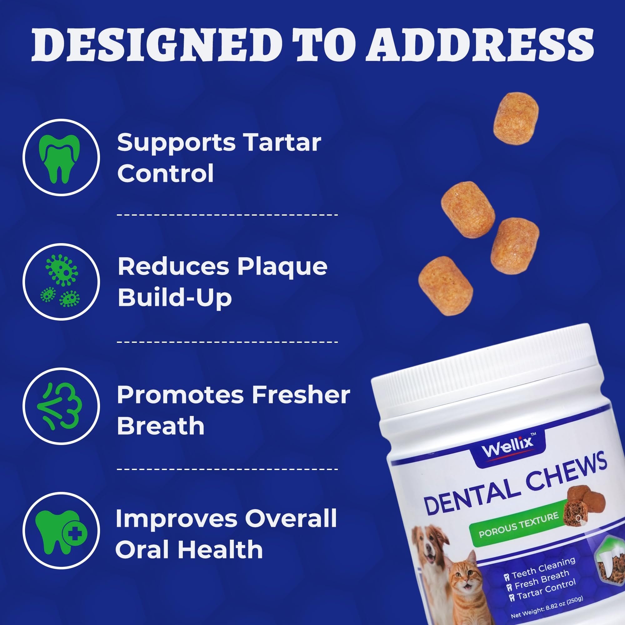 Wellix dental treats with seaweed and natural ingredients support tooth care during chewing.