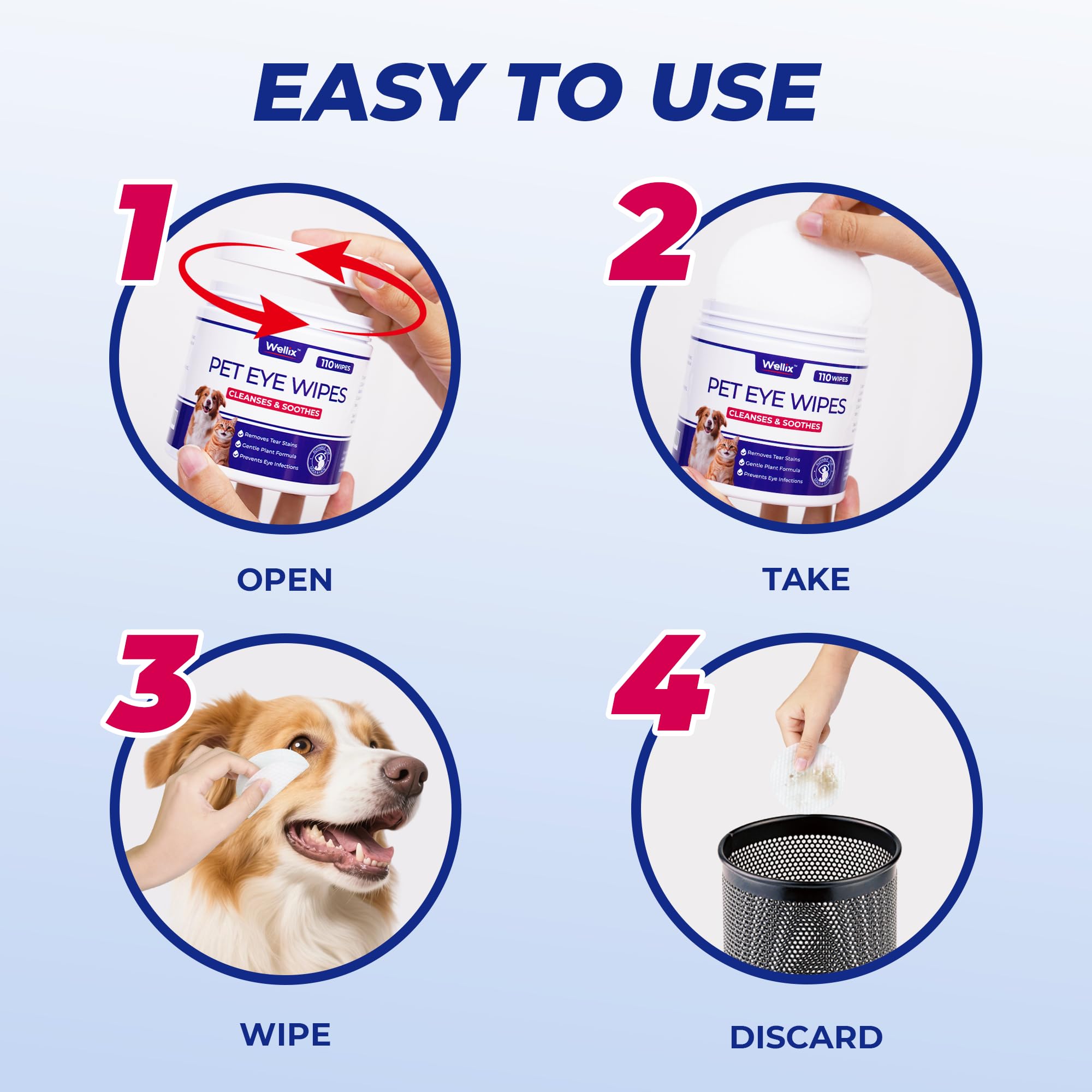 Wellix large wipes size supports thorough cleansing around pet eyes.