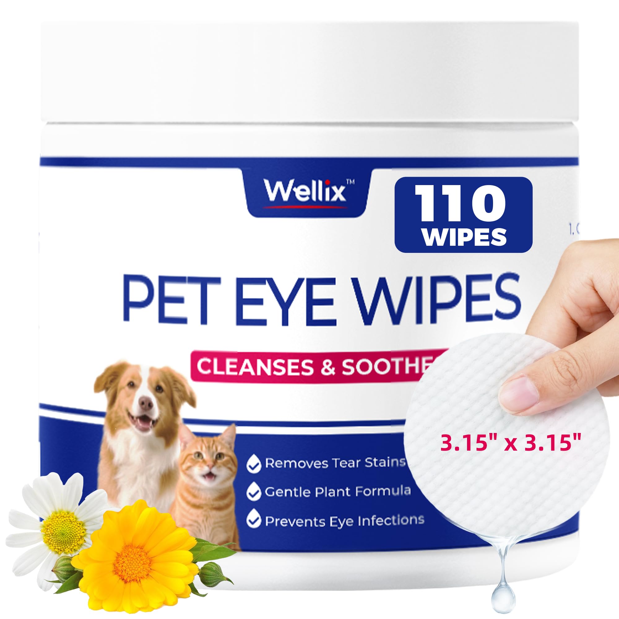 Wellix eye wipes packaging shows 110-count bottle for convenient daily cleaning.