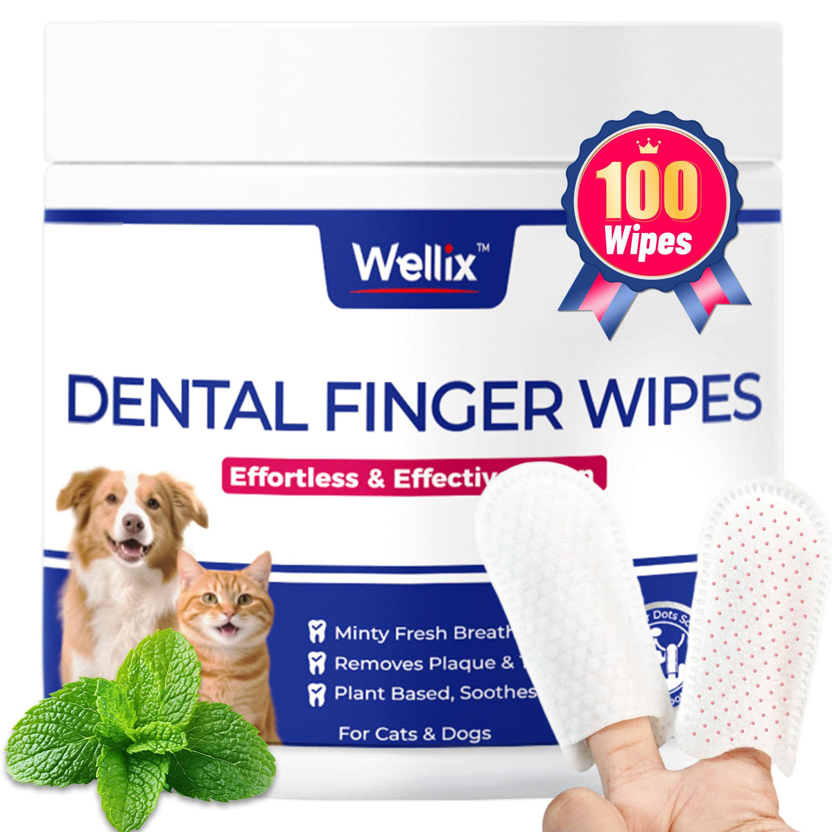 Wellix dog teeth wipes packaging front highlights no-rinse convenience for daily care
