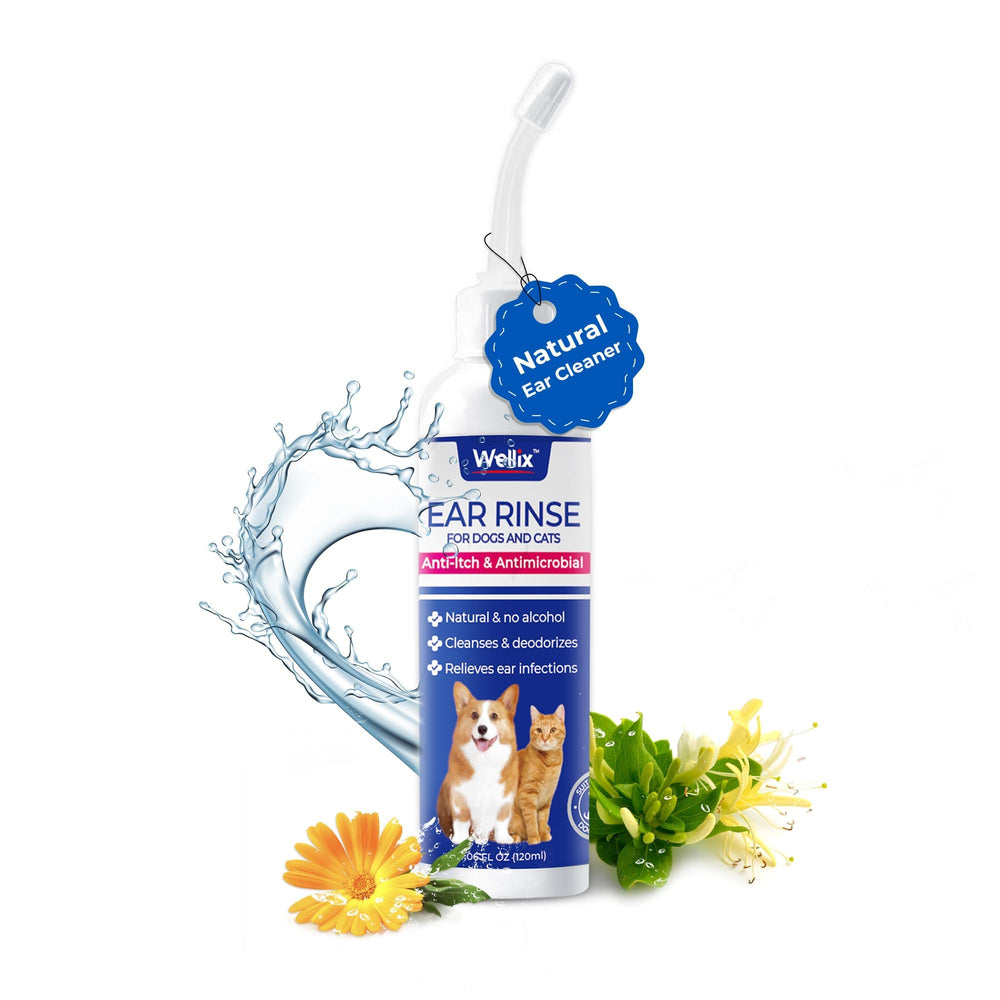 Wellix ear cleaner bottle pours gently for safe, non-irritating dog and cat ear care.