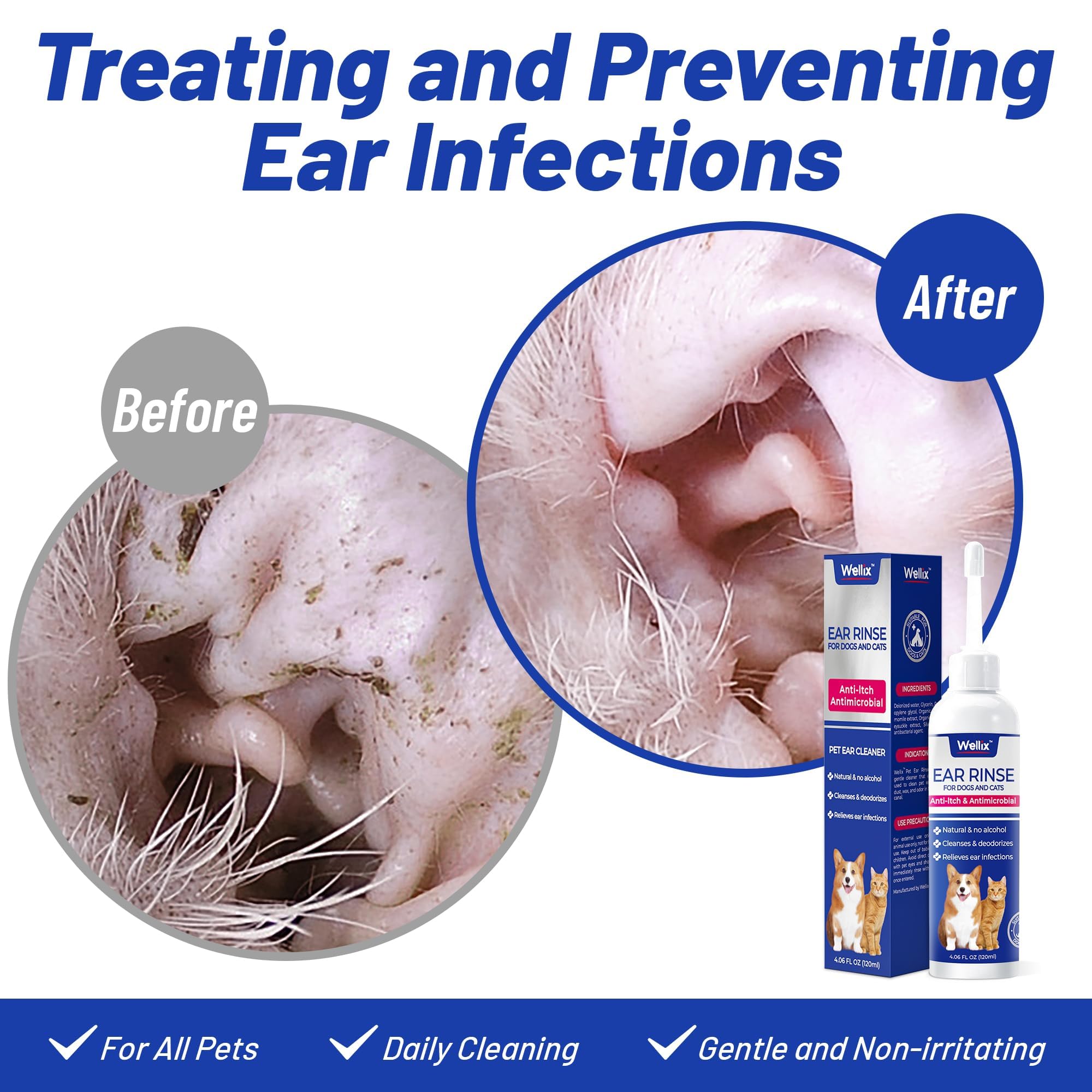 Wellix ear cleaner applied to a dog's ear for soothing relief and reduced irritation.