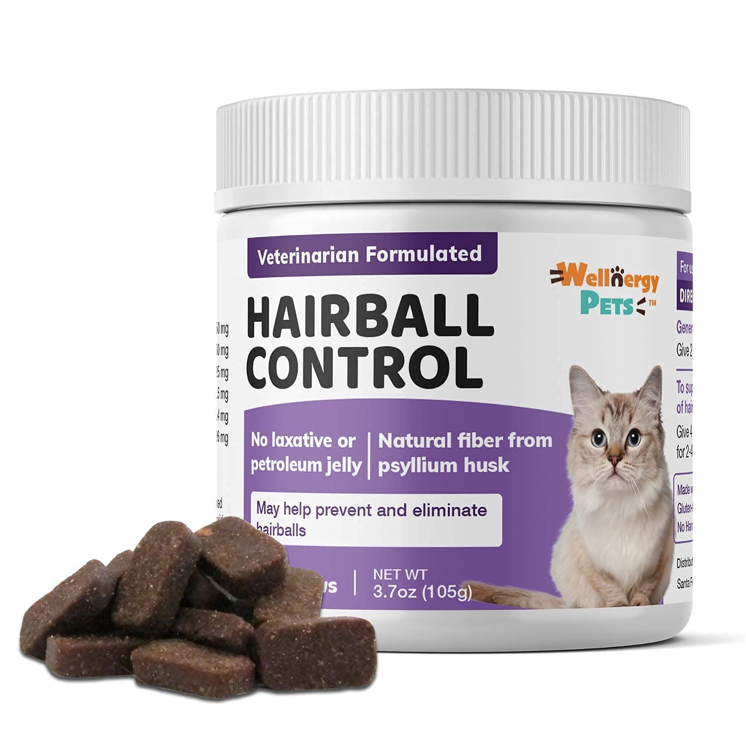 Wellnergy Pets hairball chews bottle showing packaging for hairball management in cats