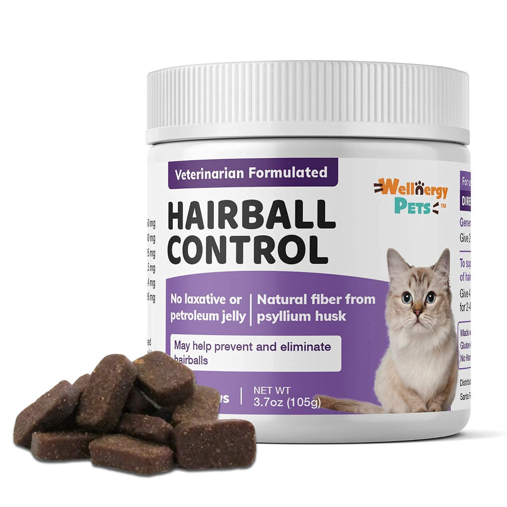 Wellnergy Pets hairball chews bottle showing packaging for hairball management in cats