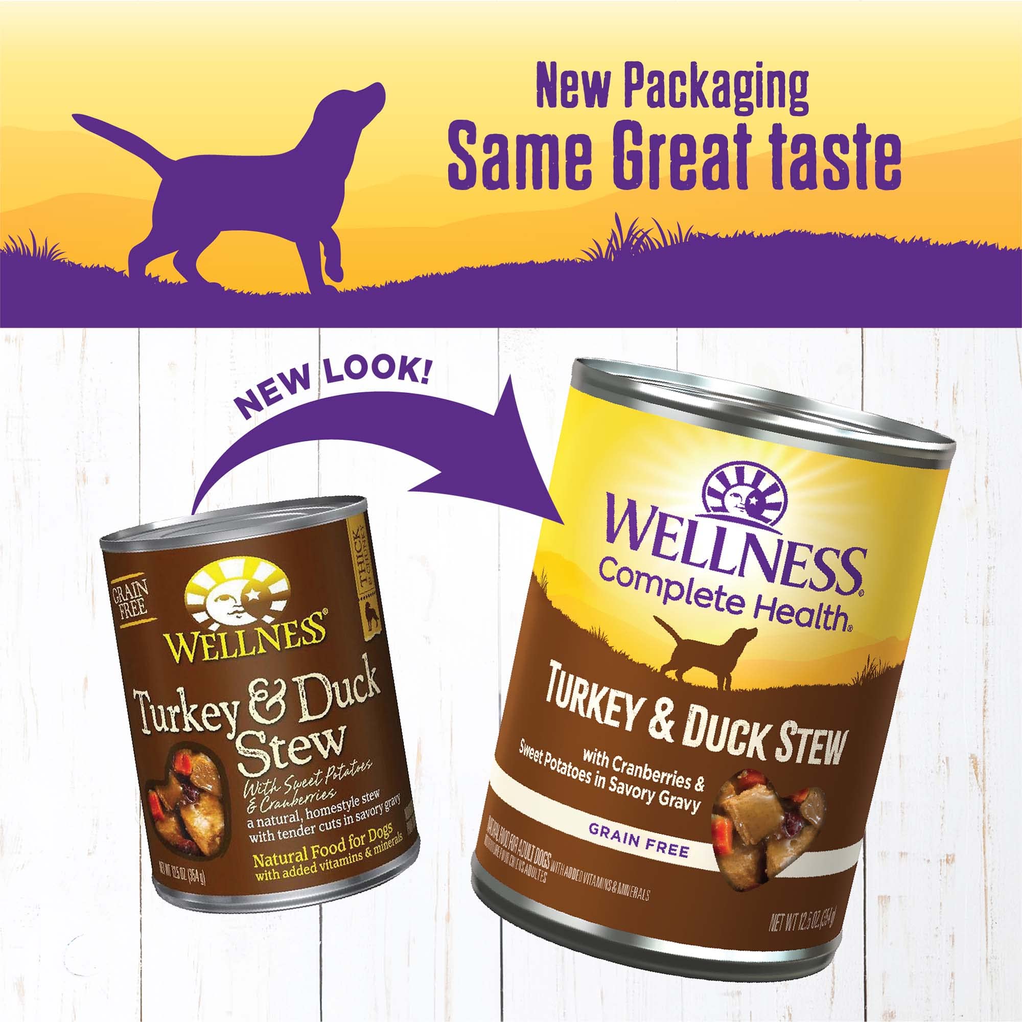 Wellness Complete Health grain-free formula ingredient panel highlights real turkey and duck for clean nutrition