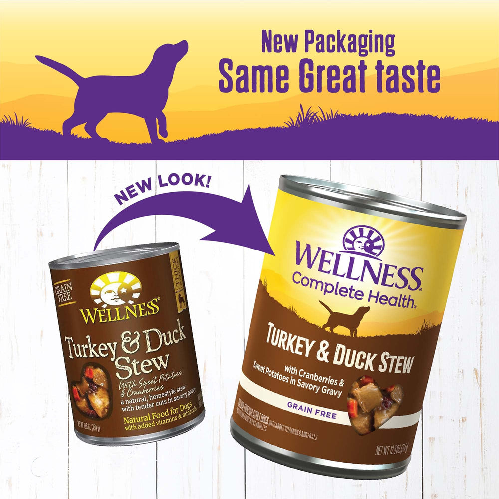 Wellness Complete Health grain-free formula ingredient panel highlights real turkey and duck for clean nutrition