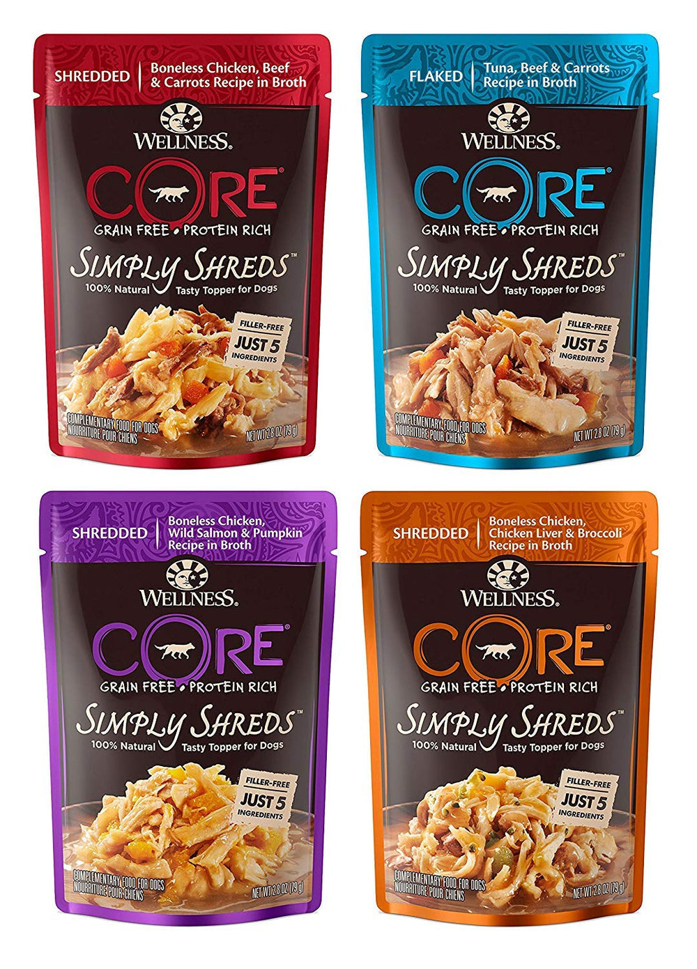 Wellness CORE Simply Shreds variety pack showing grain-free toppers for meals