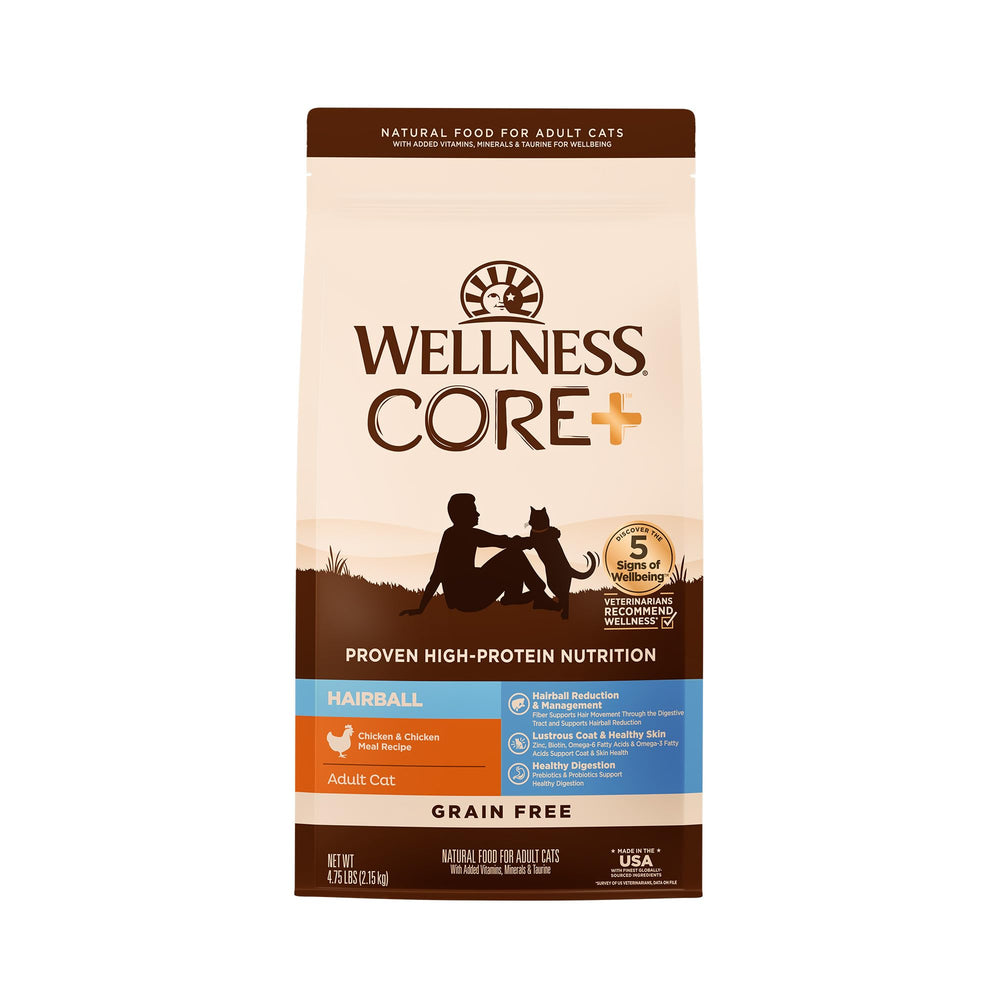 Wellness CORE+ Hairball kibble close-up shows grain-free protein for digestion.