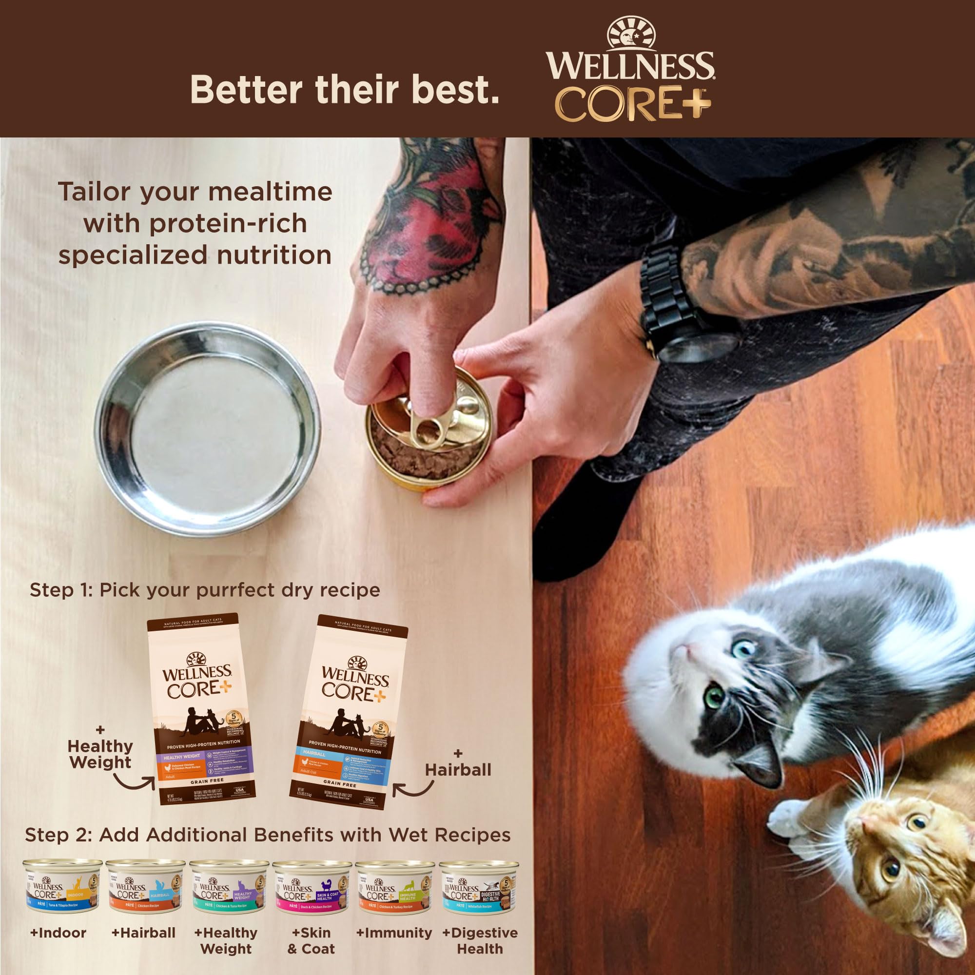 Wellness CORE+ kibble texture close-up signals palatability and variety.