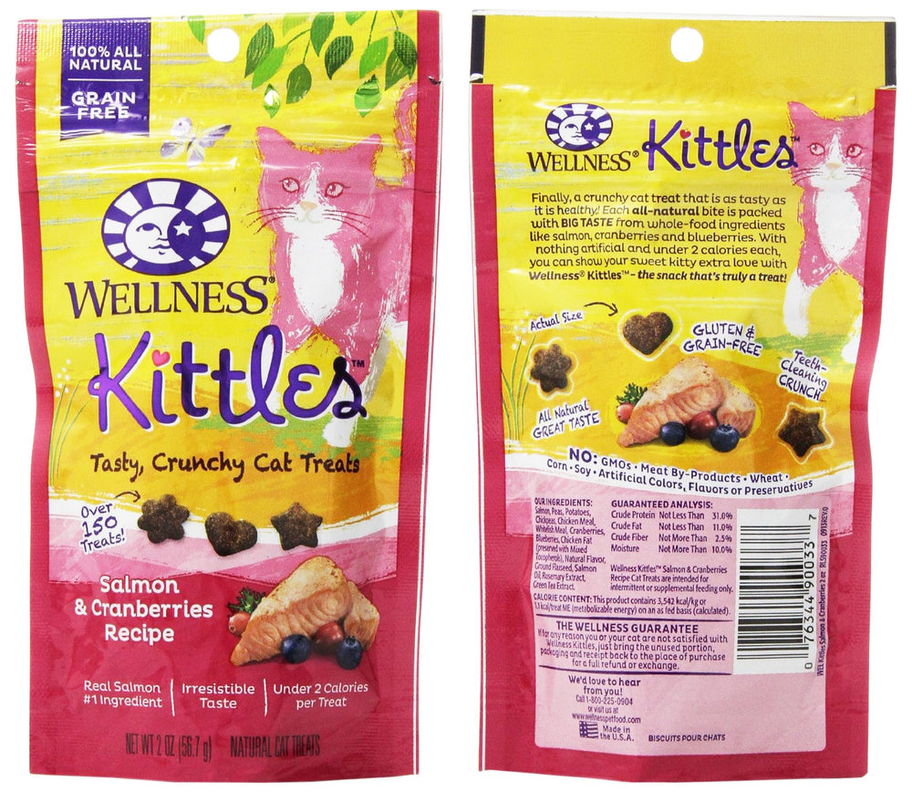 Wellness Kittles cat treats three flavors in pouch close-up, grain-free and natural.