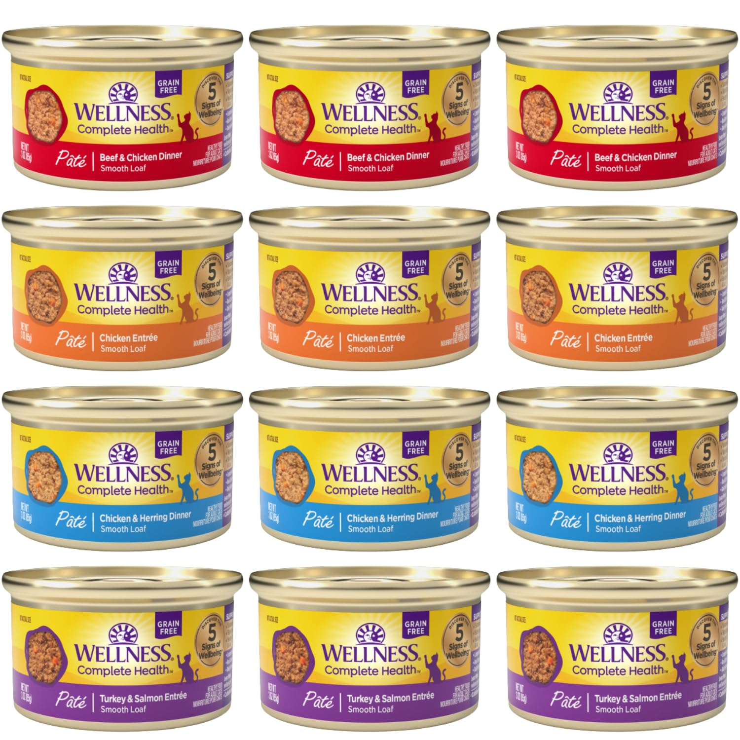 Wellness Natural Cat Pate 12-pack variety box for convenient balanced meals.