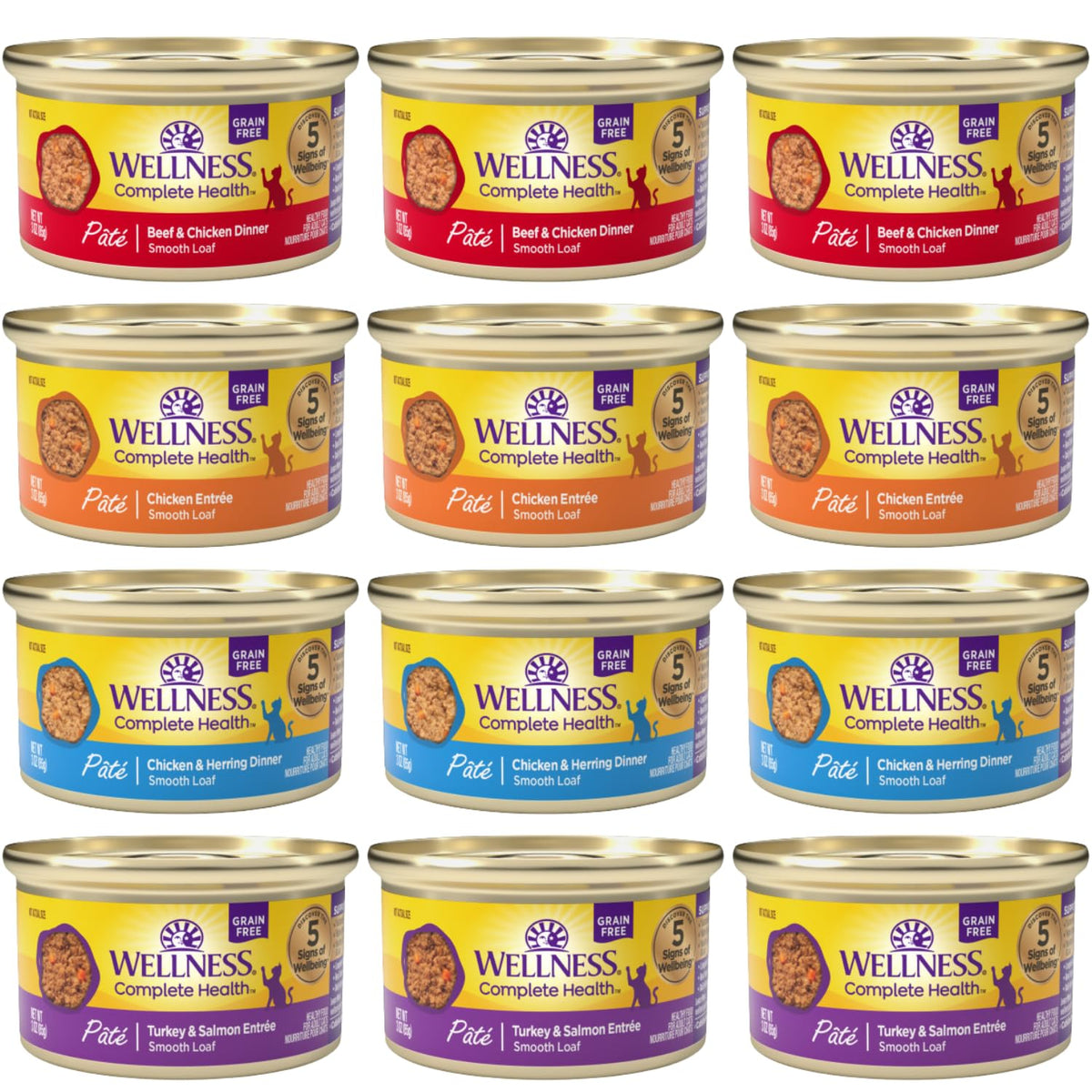 Wellness Natural Cat Pate 12-pack variety box for convenient balanced meals.