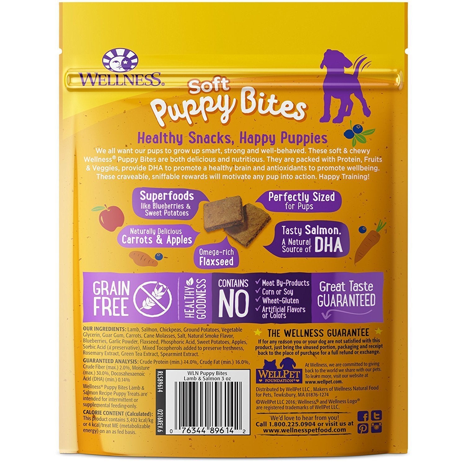 Wellness Puppy Bites training rewards image highlights bite-sized crunchy rewards for sessions