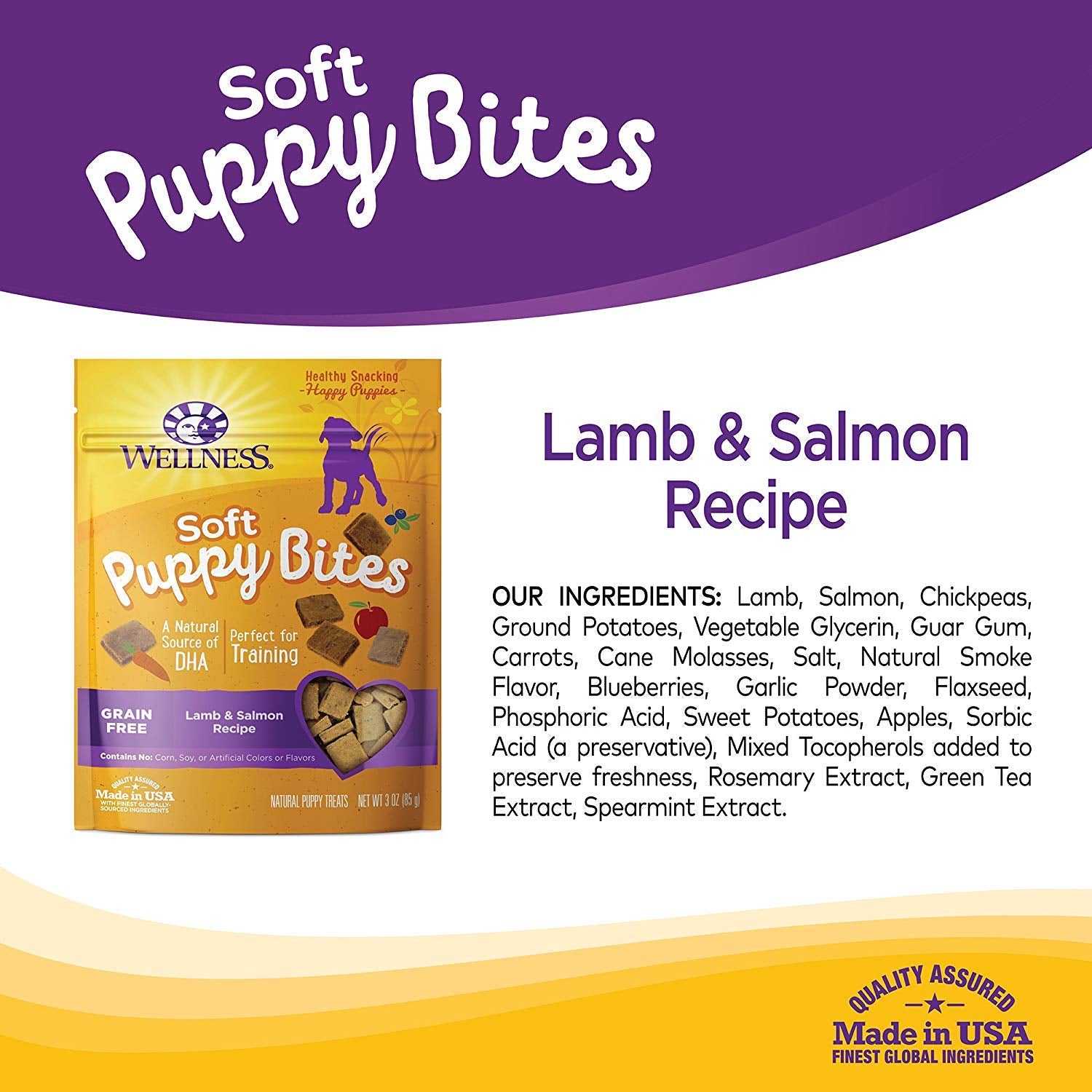 Wellness puppy-treats lamb-salmon flavor closeup signals tasty reward for training