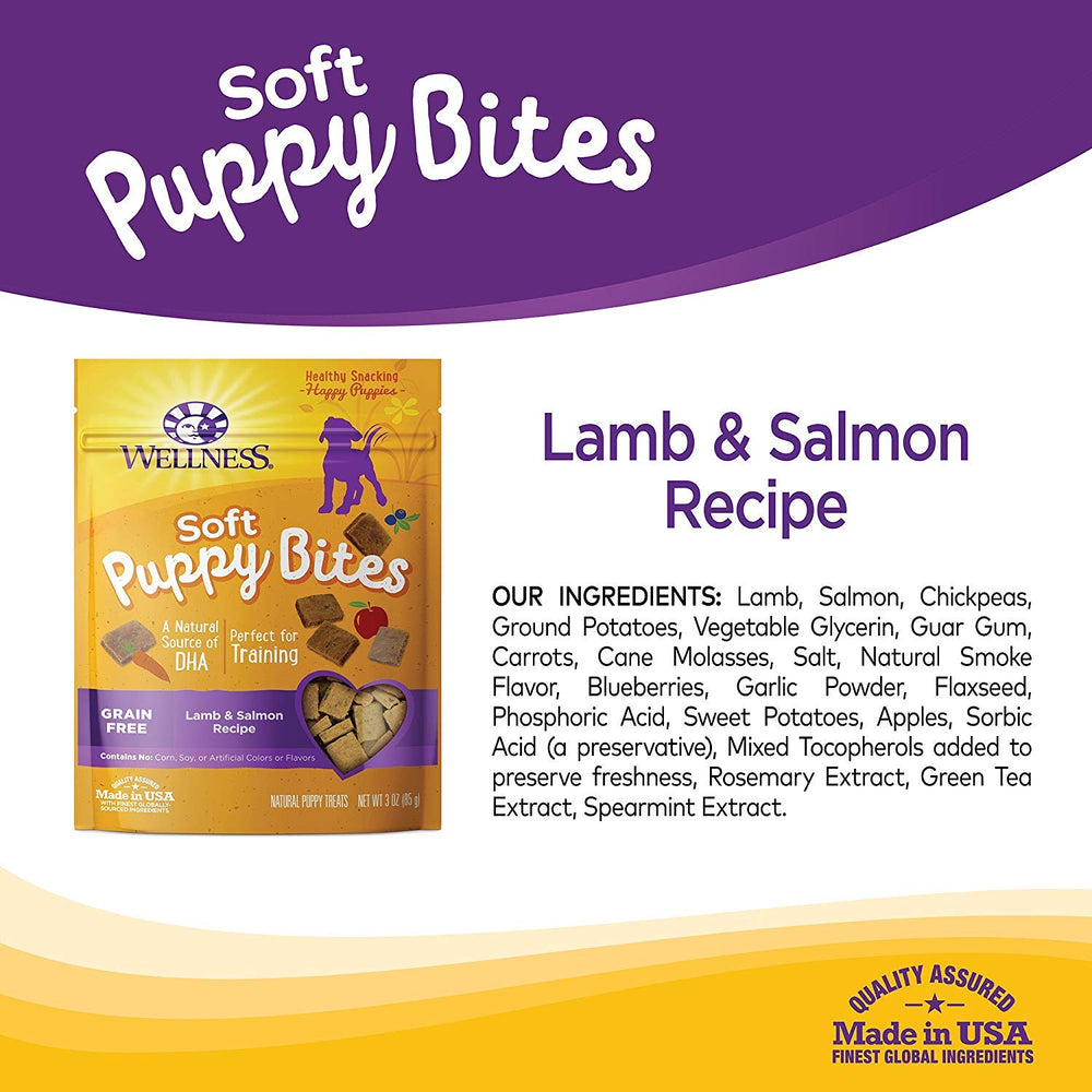 Wellness puppy-treats lamb-salmon flavor closeup signals tasty reward for training