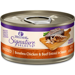 Wellness Signature grain-free wet cat food 12 cans on shelf for easy feeding