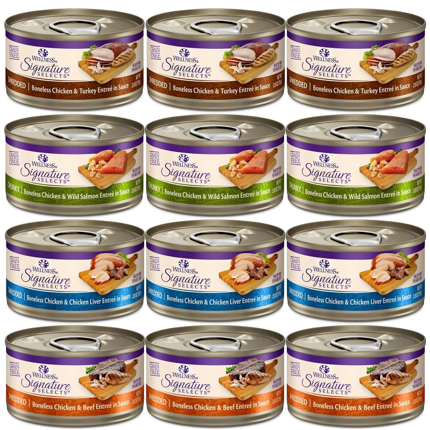 Wellness Signature grain-free wet cat food variety pack labels highlight ingredients and no grains