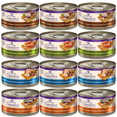 Wellness Signature grain-free wet cat food variety pack labels highlight ingredients and no grains