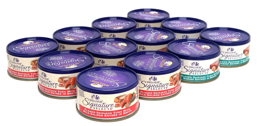 12-can Wellness Signature Selects pack ready for your cat’s daily meals.