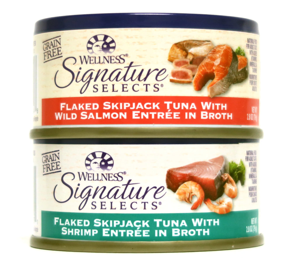 Wellness Signature Selects box with two grain-free wet cat food flavors for everyday meals.