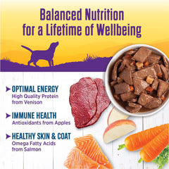 Wellness venison-salmon-stew plated in a bowl demonstrates hearty gravy with real meat.