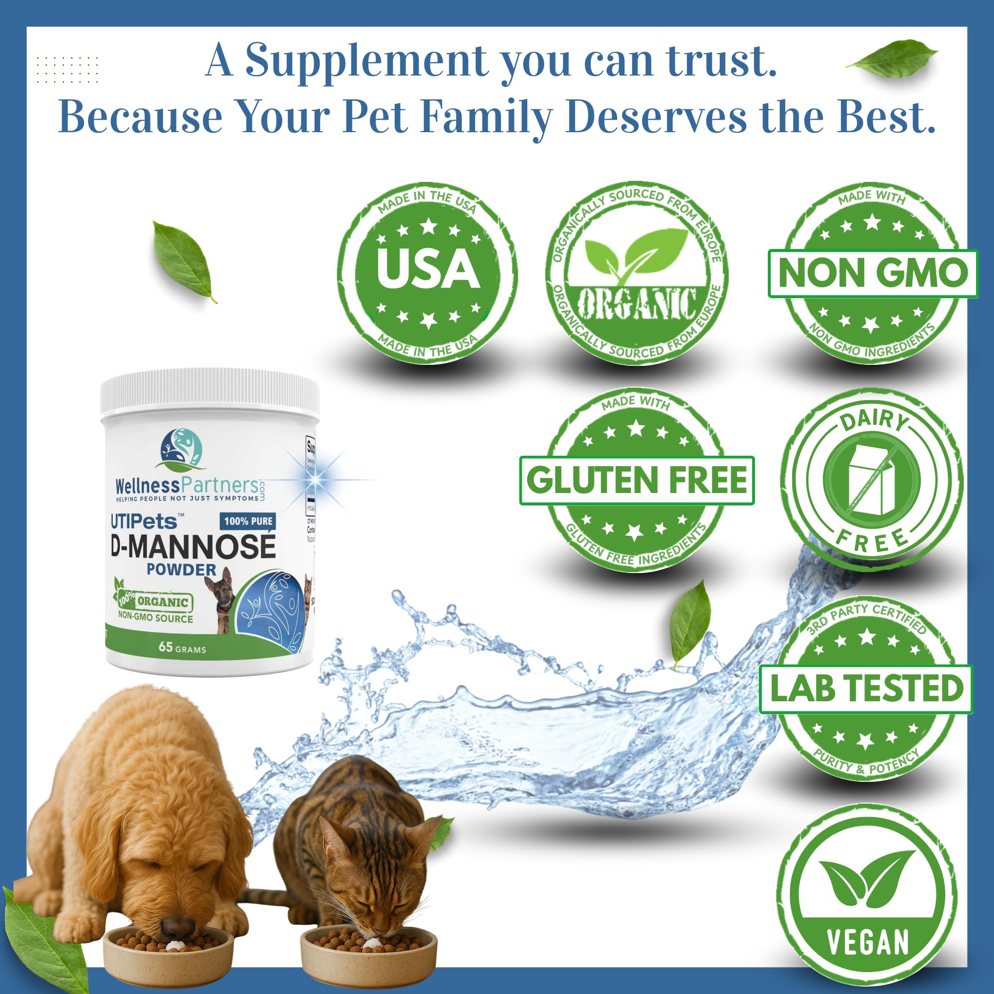 WellnessPartners UTI Pets D-Mannose jar-back view shows certifications and ingredients