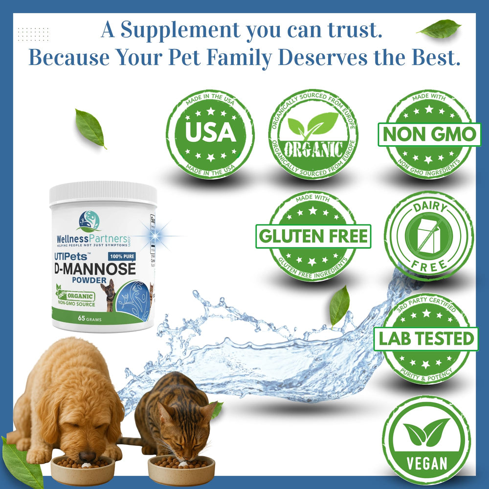 WellnessPartners UTI Pets D-Mannose jar-back view shows certifications and ingredients