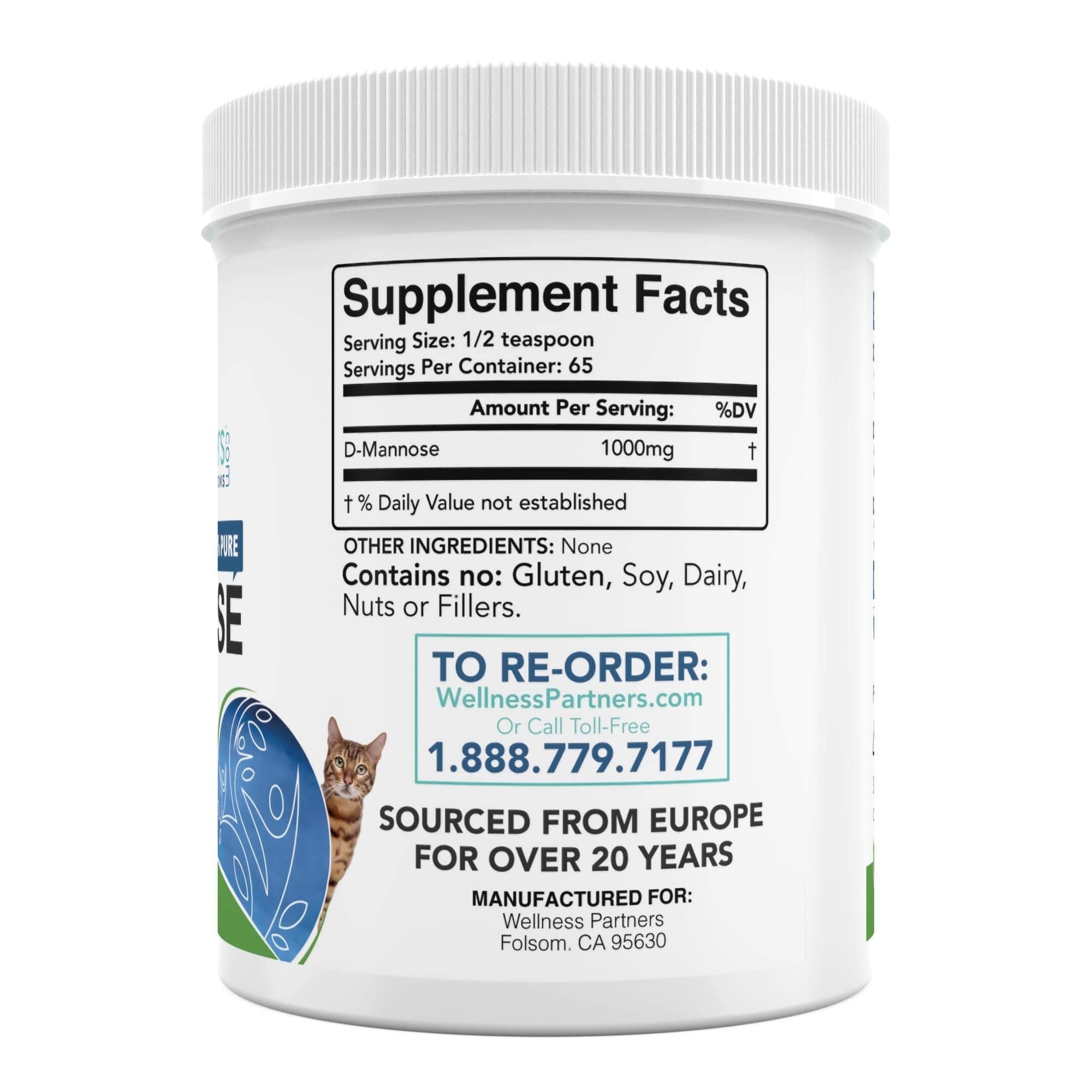 WellnessPartners UTI Pets D-Mannose label shows non-GMO Europe-sourced quality