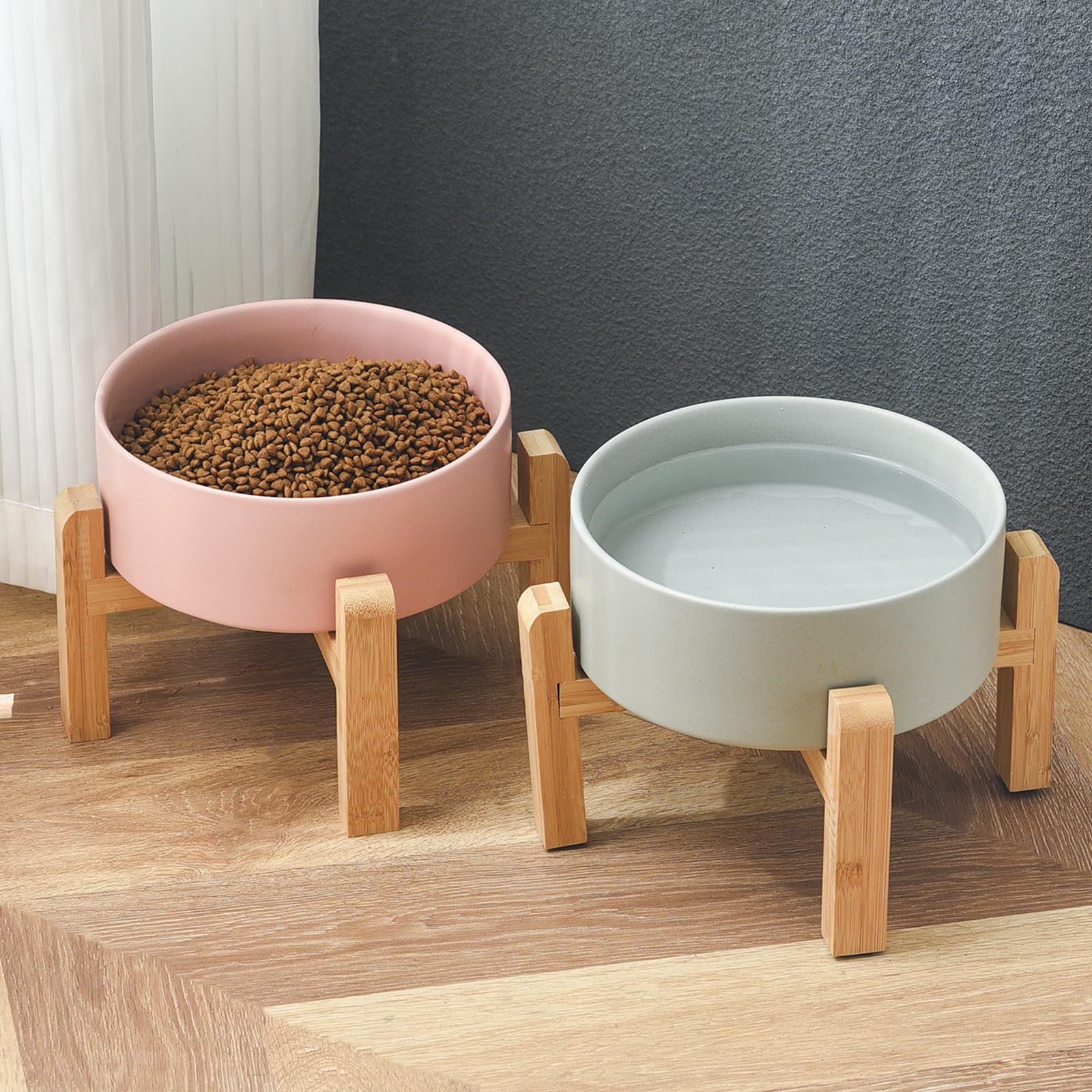 Welloyed grey dog bowl complements home decor while organizing feeding space.