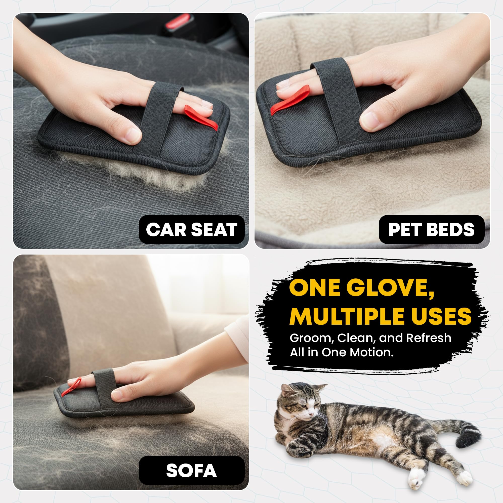 Welwon glove in use on sofa demonstrates deep fabric cleaning.