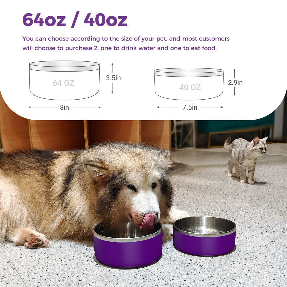 WENBOKMIN dog bowl 64oz purple, side profile, emphasizes non-slip bottom and quiet feeding.