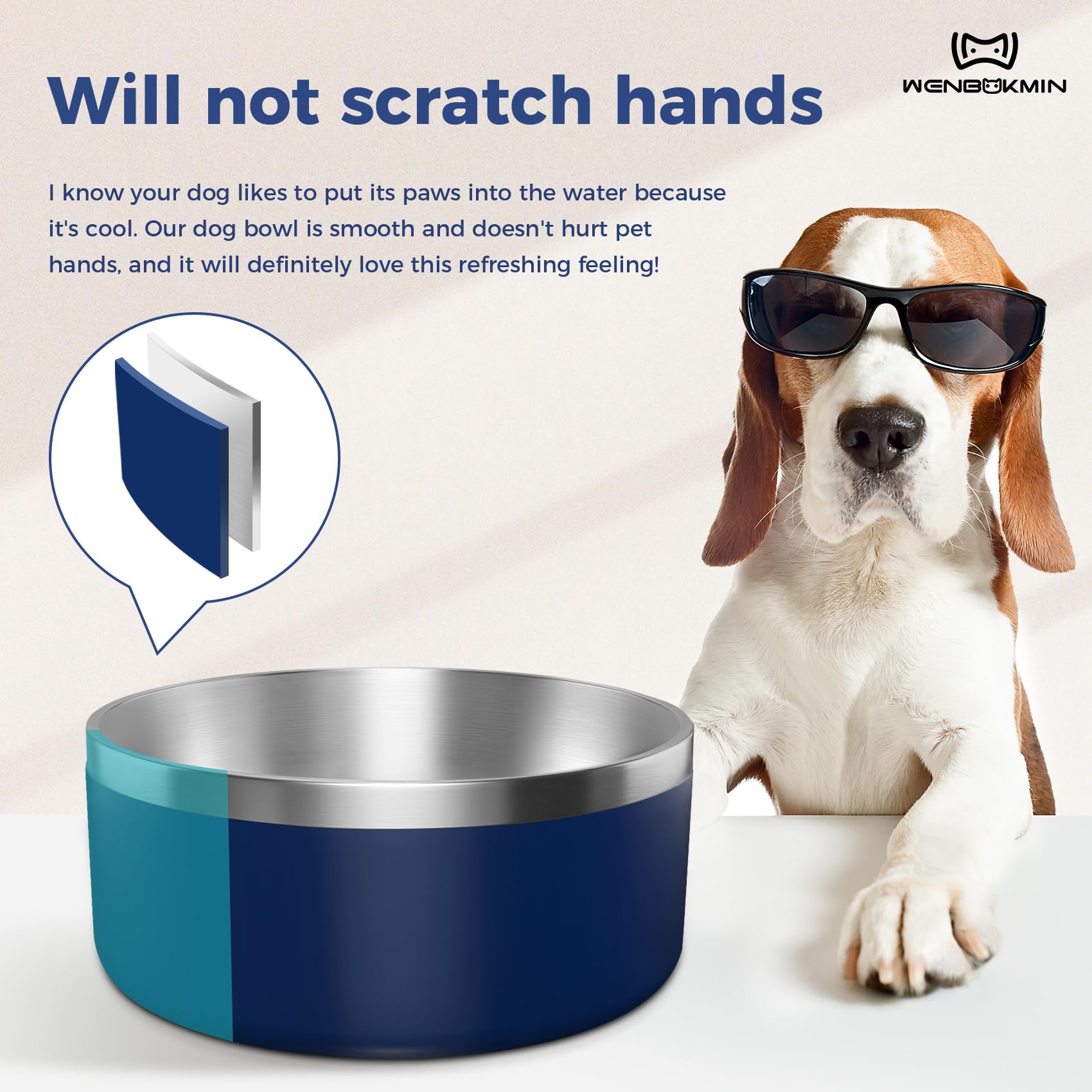 WENBOKMIN blue bowl shown on floor with non-slip silicone base.
