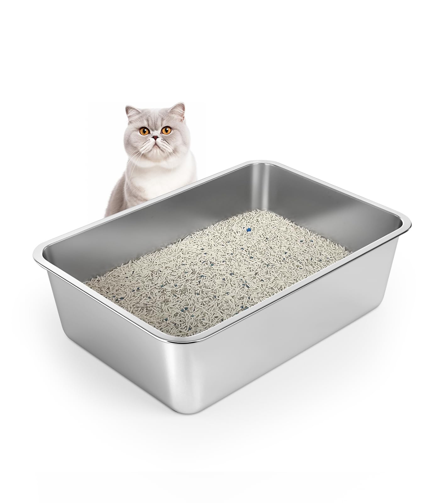 WENBOKMIN stainless steel cat litter box front view with high sides for spill prevention.