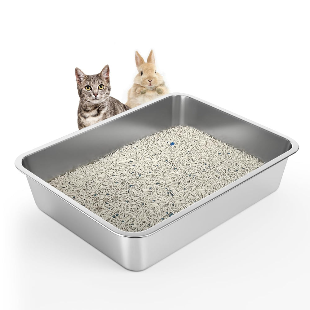 WENBOKMIN stainless steel cat litter box front view, easy cleaning with non-absorbent surface.