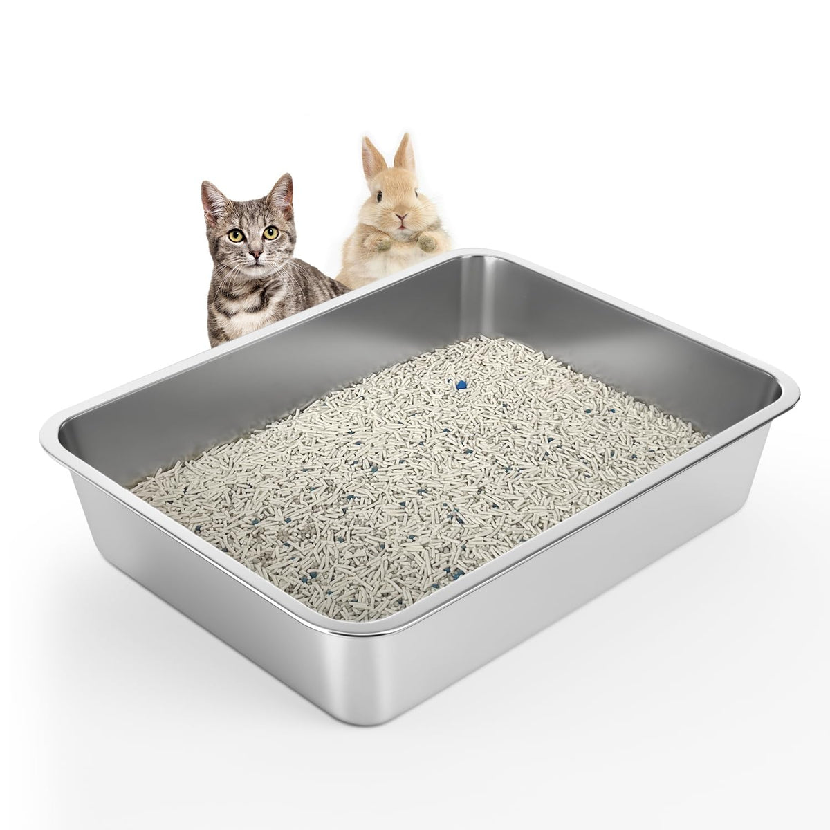 WENBOKMIN stainless steel cat litter box front view, easy cleaning with non-absorbent surface.