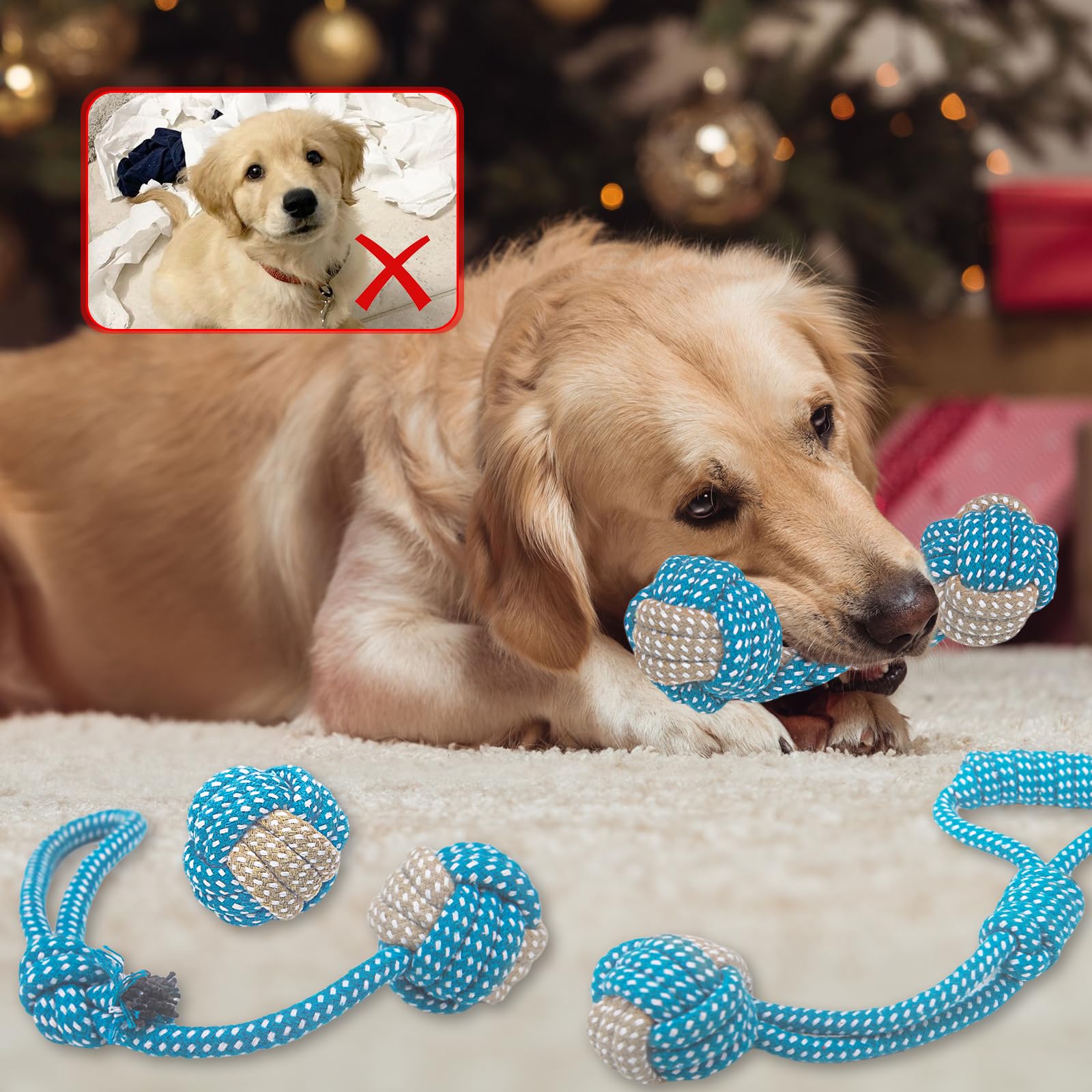 Weocar puppy-teething rope close-up shows natural cotton fibers for safe chewing.