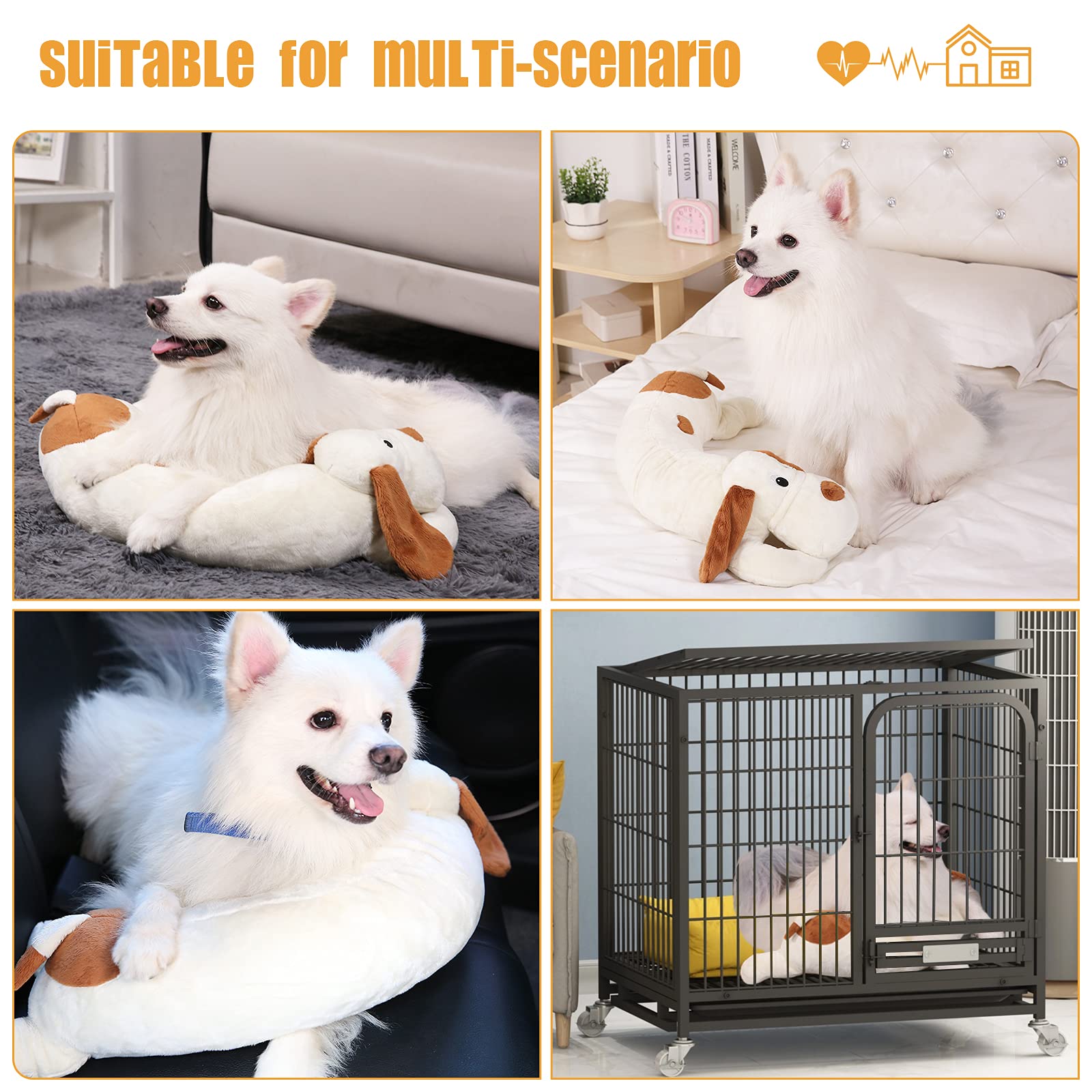 WEOK Heartbeat dog toy bedroom scene showing calm puppies after relaxation