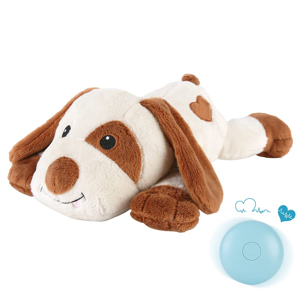 WEOK Heartbeat Dog Toy in puppy-snuggle pose provides comforting companionship.