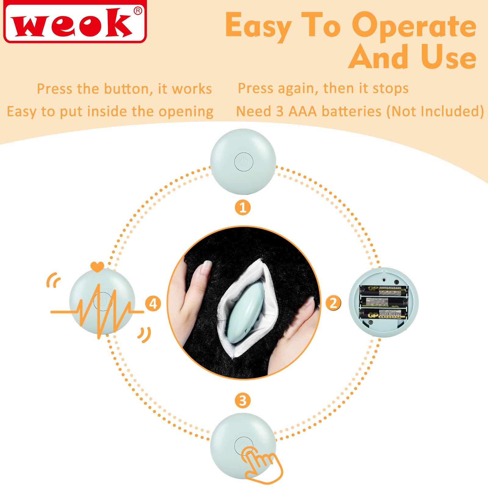 WEOK Heartbeat Puppy battery compartment view requiring 3 AAA batteries