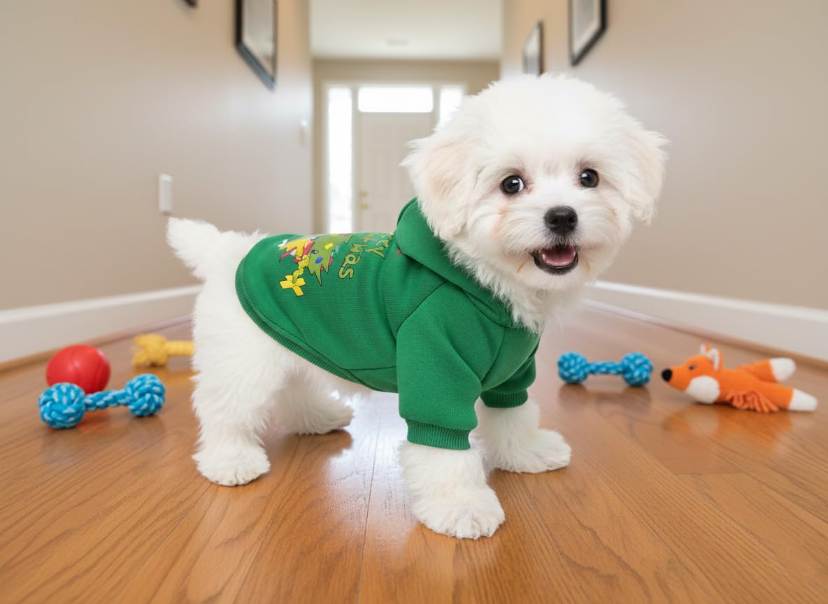 WEORGANIZE wearable-hoodie on a small dog during family gatherings