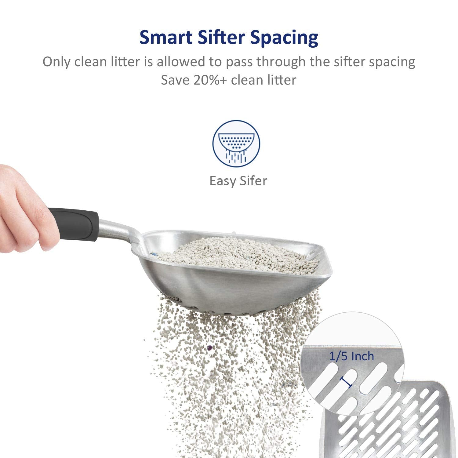 WePet litter scoop diagonal-sifting-hole helps separate clean litter fast.