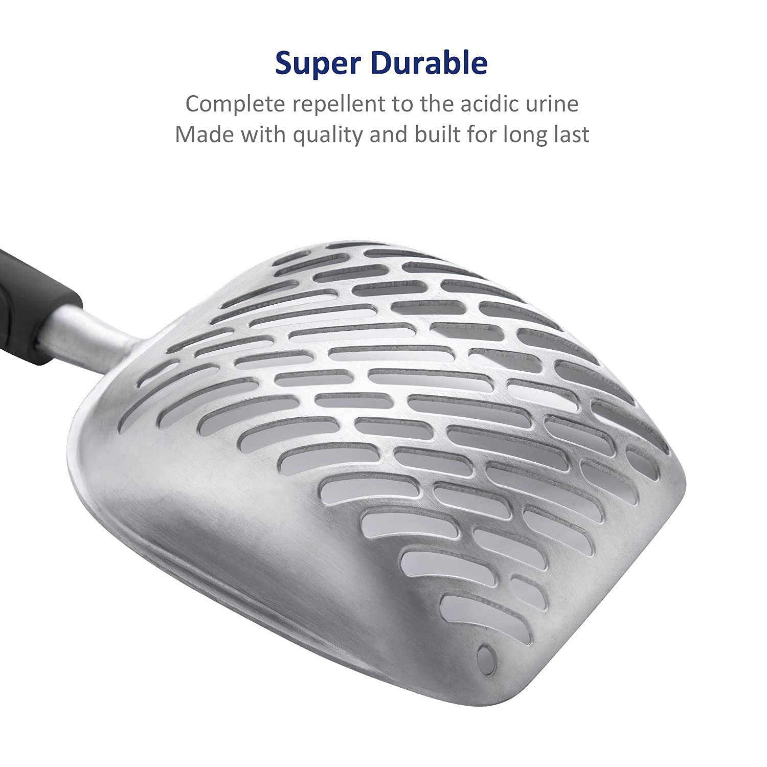 WePet litter scoop front-edge loosens litter for faster cleanup.