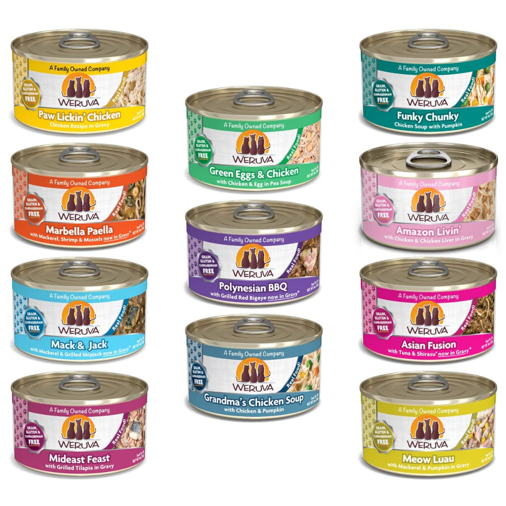 Weruva Classic Cat 11 Flavors Variety Pack cans lineup for variety in meals