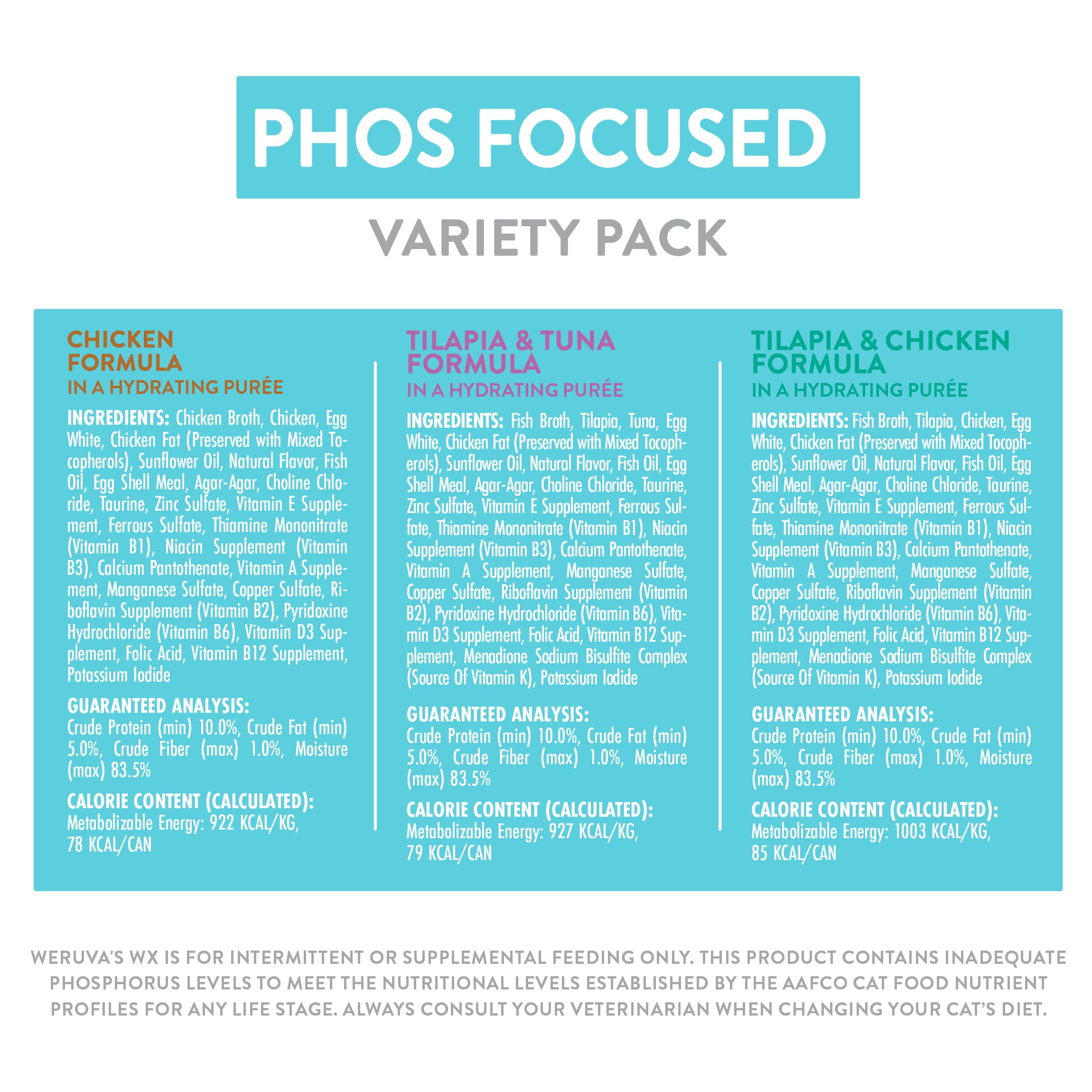 Weruva Wx Phos Focused variety pack on shelf, no artificial colors or preservatives
