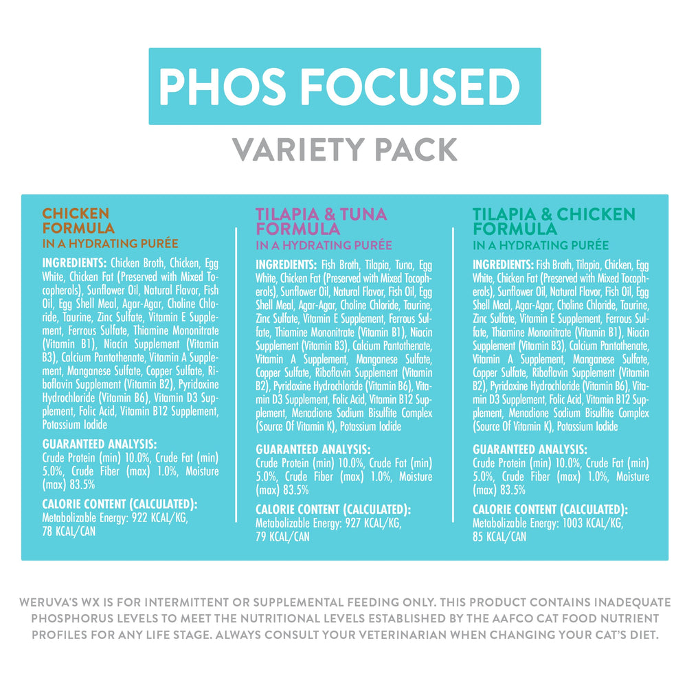 Weruva Wx Phos Focused variety pack on shelf, no artificial colors or preservatives