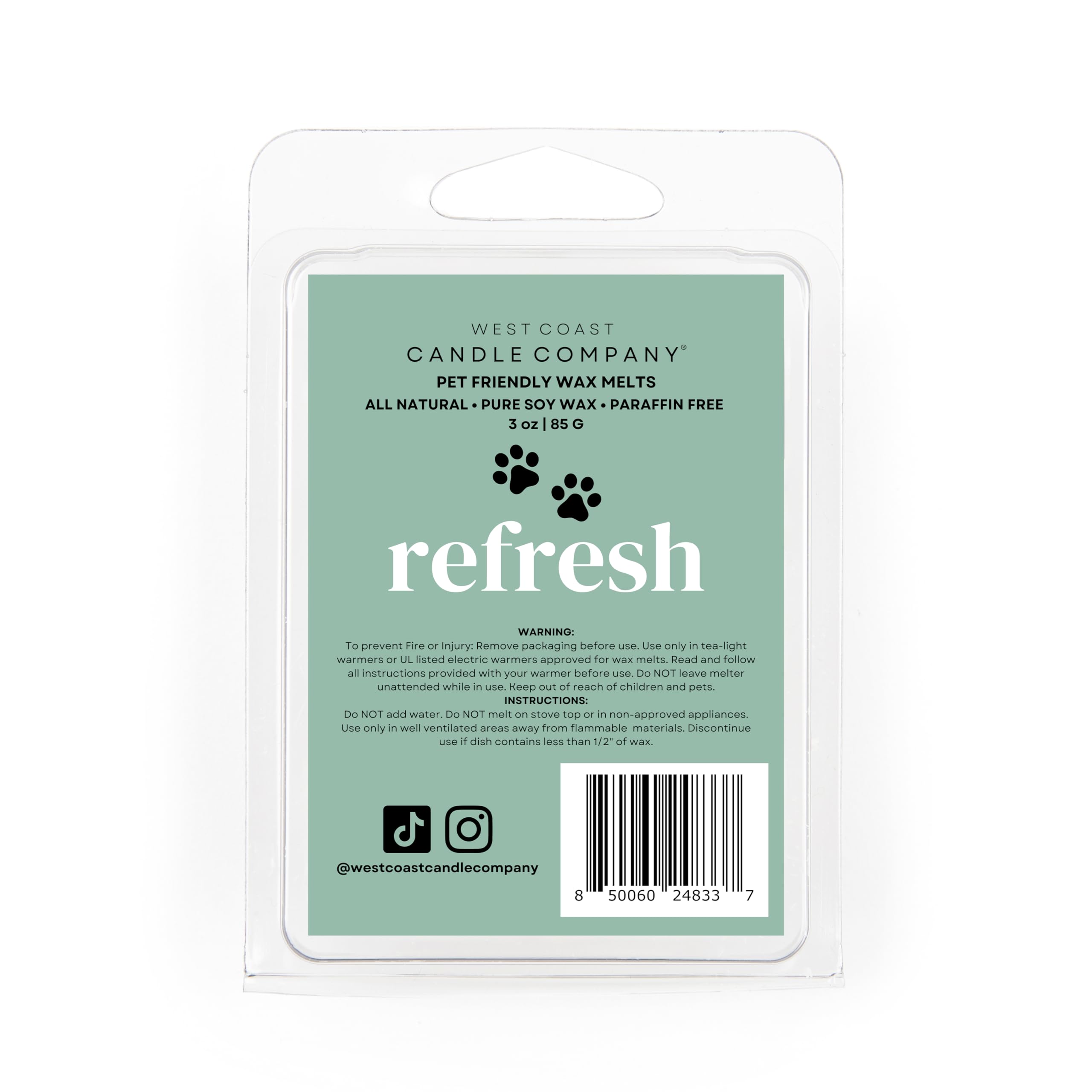 West Coast Candle Company Refresh packaging highlights eco packaging and pet-safe wax melts.
