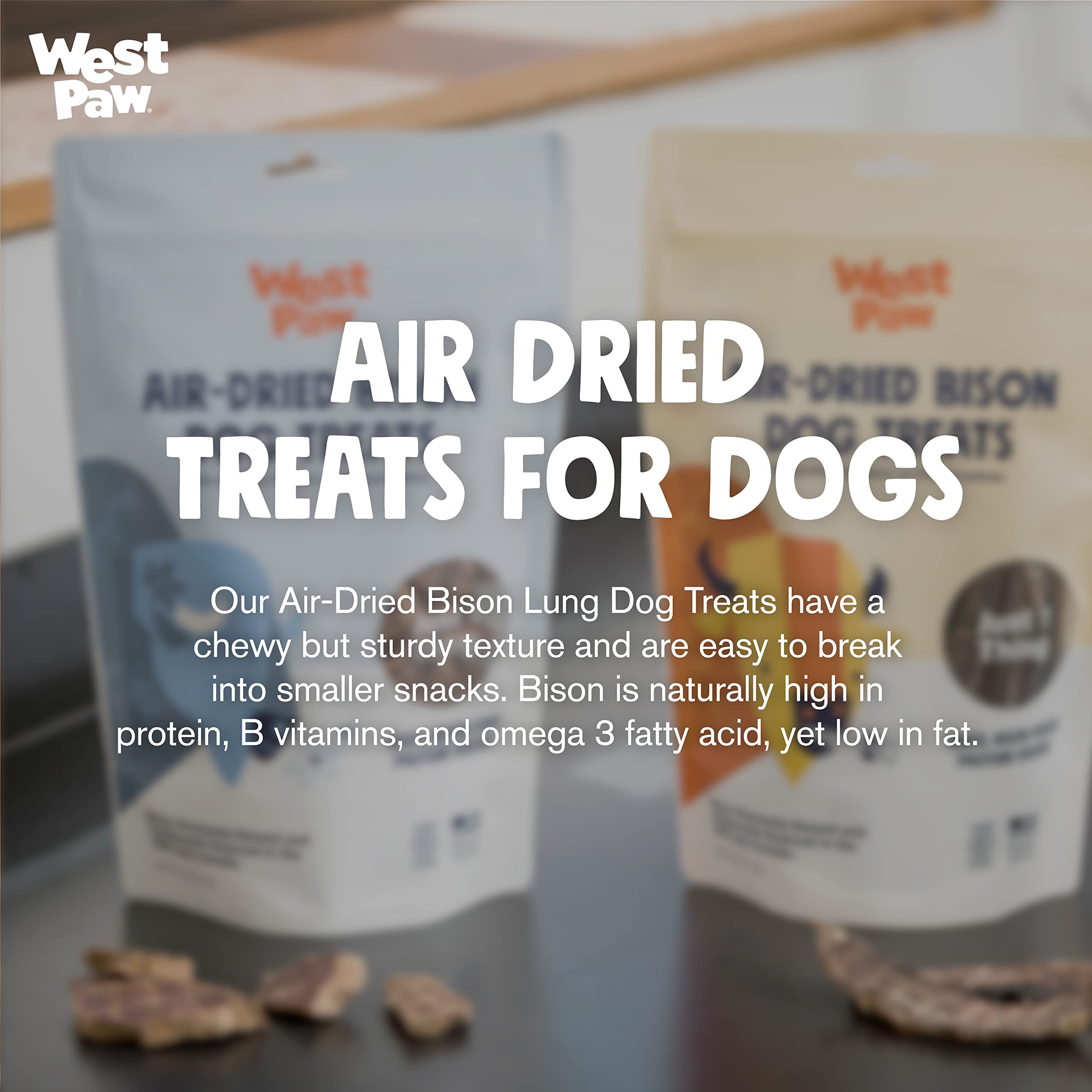 WEST PAW bison lung treats USA-made label highlights humane sourcing practices.