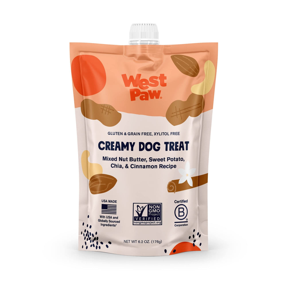 West Paw Creamy Treats jar label shows real ingredients for a tasty dog treat.