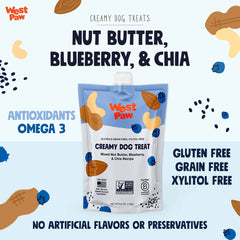 WEST PAW Nut Butter Blueberry and Chia Seed Treats jar shows creamy texture ideal for licking